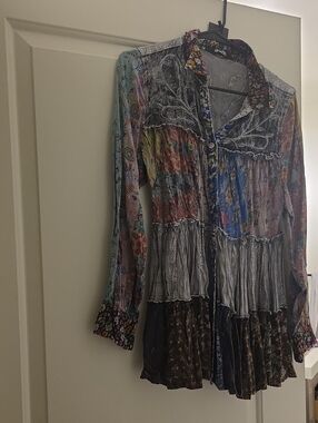 Women's Patchwork Button-Front Boho Shirt - Multi-Color